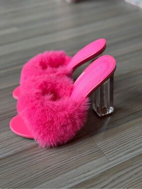 Hot Pink Faux Fur Slide Heels with Clear Block Heel